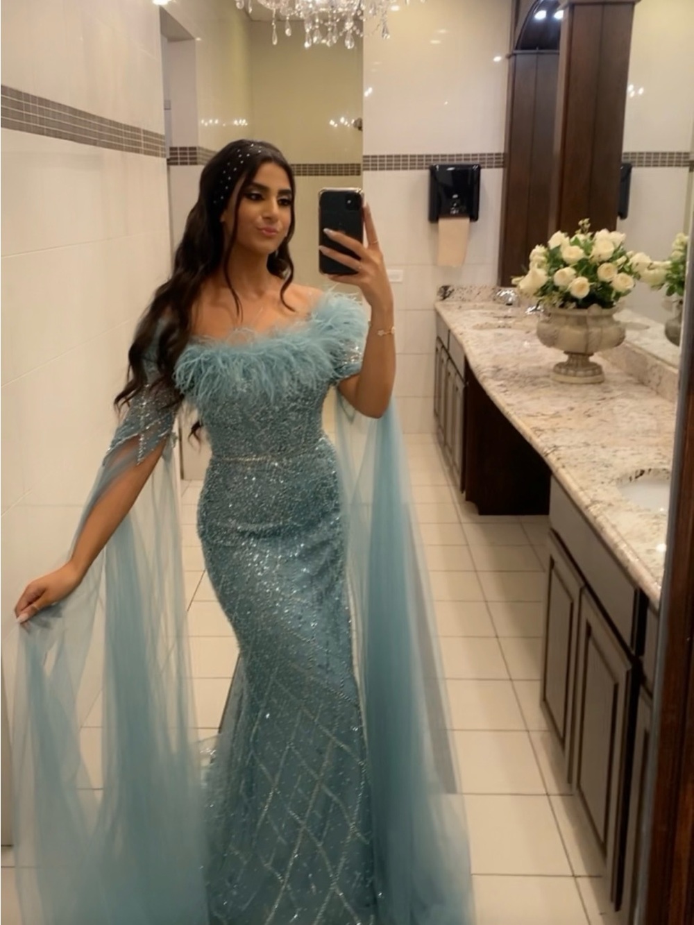 Luxury Feather-Trim Sequin Evening Gown in Light Blue